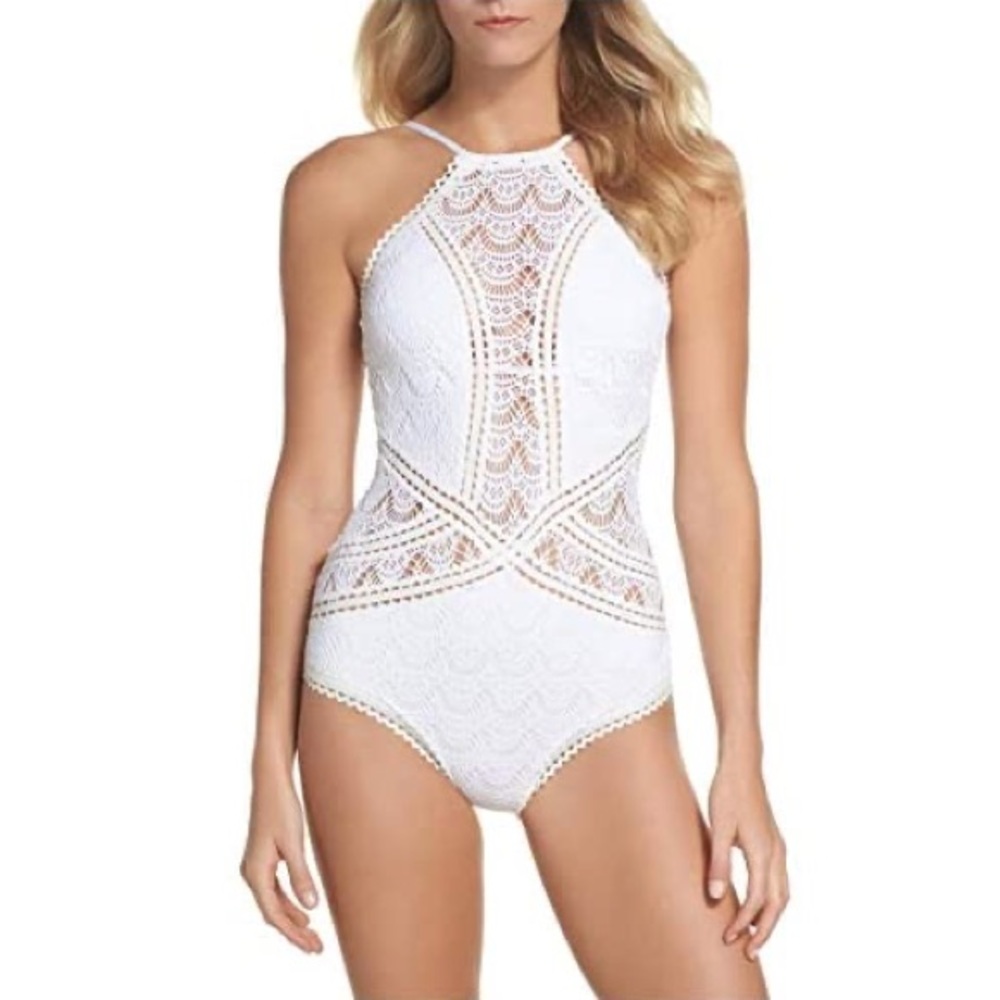 BECCA White Lace Halter One Piece Swimsuit